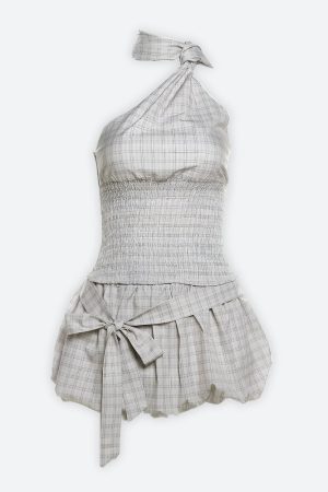 Stylish Work Outfits, Outfit Summer Ideas Plaid Ruched Top & Balloon Mini Skirt Two Piece Set