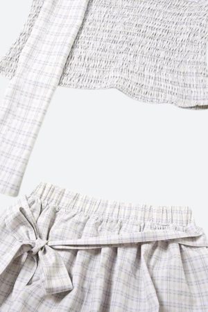 Stylish Work Outfits, Outfit Summer Ideas Plaid Ruched Top & Balloon Mini Skirt Two Piece Set