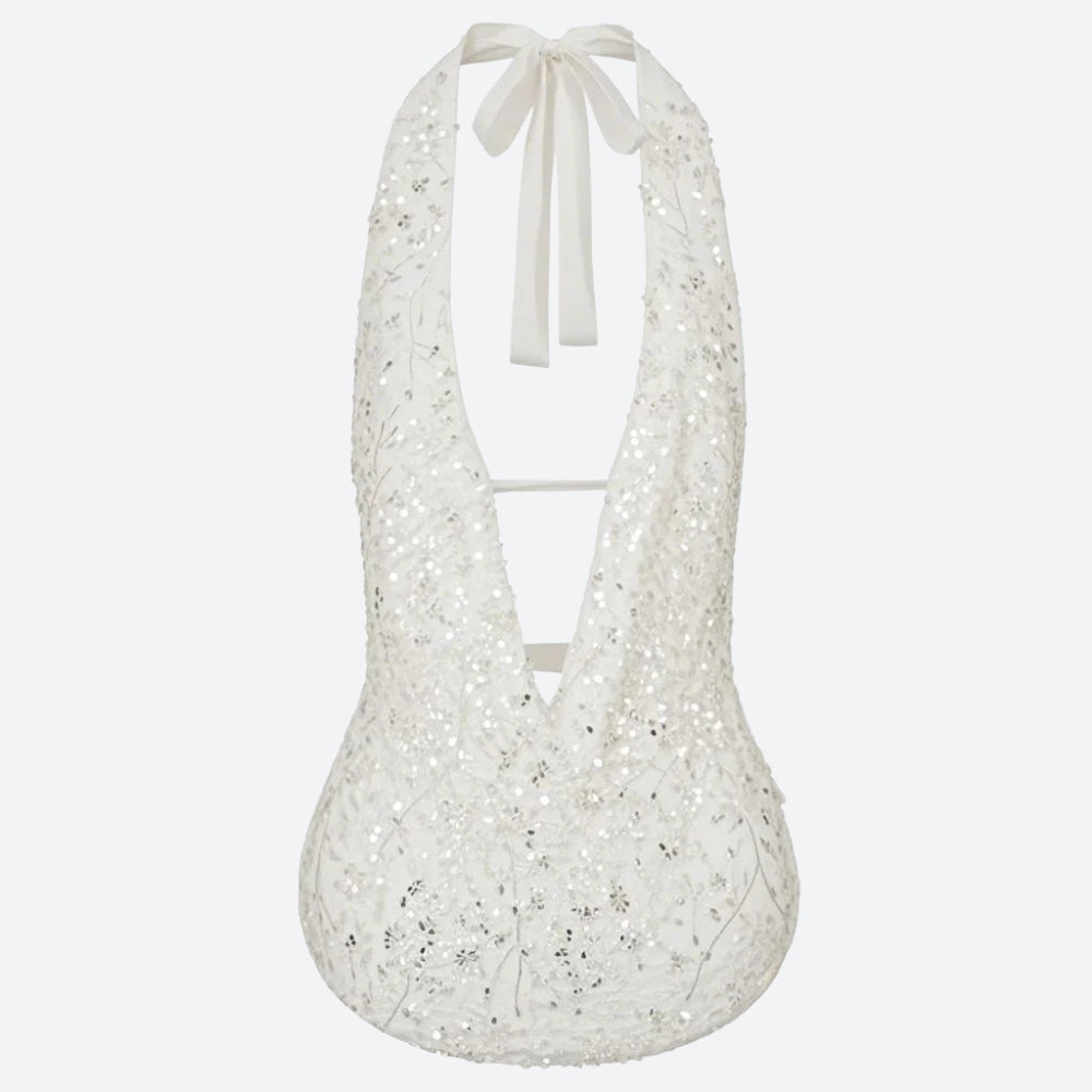 Stylish Work Outfits, Outfit Summer Ideas Plunge Neck Sequined Beaded Top Stylish Work Outfits, Outfit Summer Ideas Plunge Neck Sequined Beaded Top