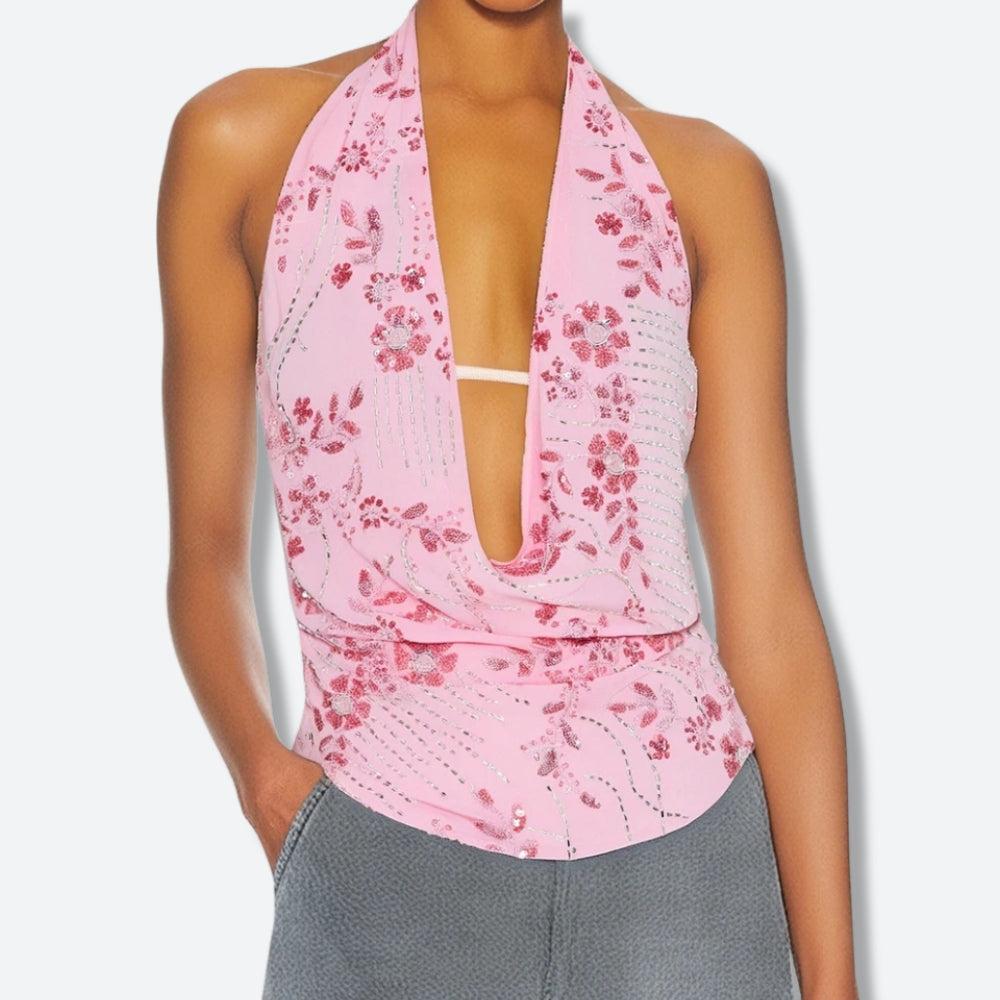 Stylish Work Outfits, Outfit Summer Ideas Plunge Neck Sequined Beaded Top