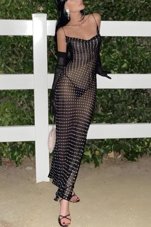 Stylish Work Outfits, Outfit Summer Ideas Polka Dot Backless Sheer Maxi Dress