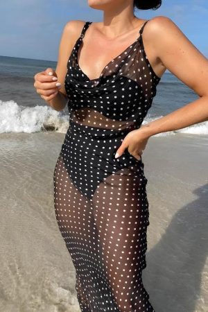Stylish Work Outfits, Outfit Summer Ideas Polka Dot Backless Sheer Maxi Dress