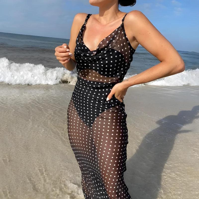 Stylish Work Outfits, Outfit Summer Ideas Polka Dot Backless Sheer Maxi Dress Stylish Work Outfits, Outfit Summer Ideas Polka Dot Backless Sheer Maxi Dress