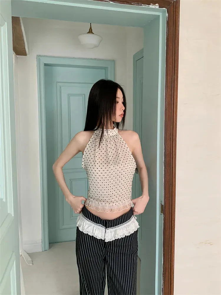 Stylish Work Outfits, Outfit Summer Ideas Polka Dot Halter Top