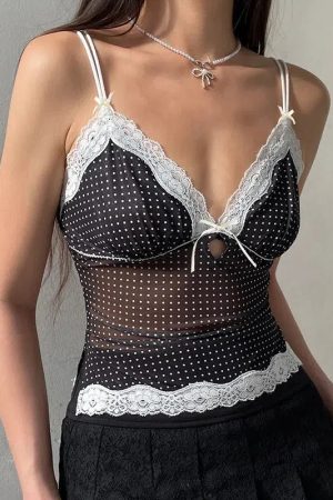 Stylish Work Outfits, Outfit Summer Ideas Polka Dot Mesh Top