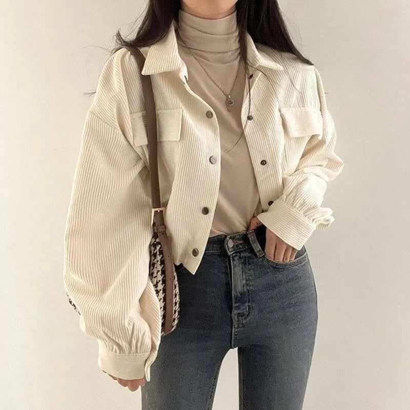 Stylish Work Outfits, Outfit Summer Ideas Puff Sleeved Corduroy Crop Shirt