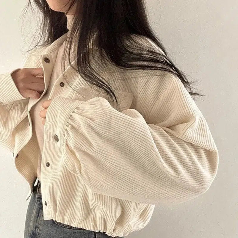 Stylish Work Outfits, Outfit Summer Ideas Puff Sleeved Corduroy Crop Shirt
