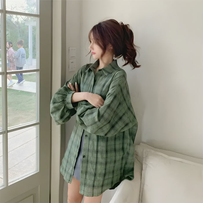 Stylish Work Outfits, Outfit Summer Ideas Puff Sleeved Plaid Shirt Stylish Work Outfits, Outfit Summer Ideas Puff Sleeved Plaid Shirt