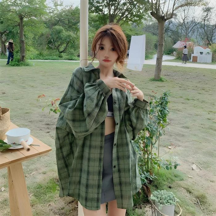 Stylish Work Outfits, Outfit Summer Ideas Puff Sleeved Plaid Shirt