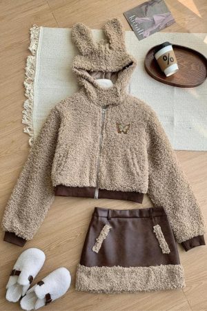 Stylish Work Outfits, Outfit Summer Ideas Rabbit Hood Teddy Two Piece Set