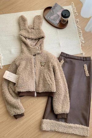 Stylish Work Outfits, Outfit Summer Ideas Rabbit Hood Teddy Two Piece Set