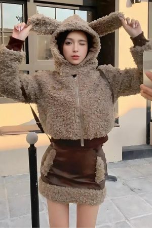 Stylish Work Outfits, Outfit Summer Ideas Rabbit Hood Teddy Two Piece Set