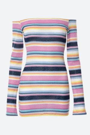 Stylish Work Outfits, Outfit Summer Ideas Rainbow Off Shoulder Knitted Mini Dress