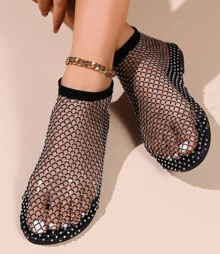 Stylish Work Outfits, Outfit Summer Ideas Rhinestone Fishnet Ballerina Flats