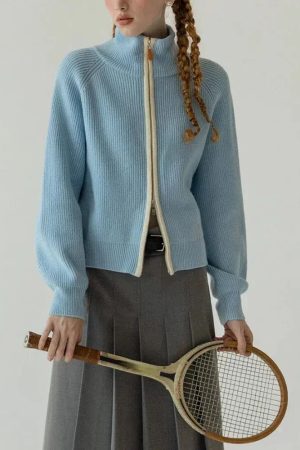 Stylish Work Outfits, Outfit Summer Ideas Ribbed Double Zip-Up Cardigan