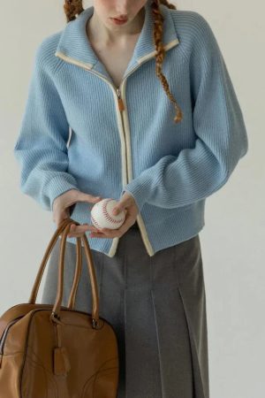 Stylish Work Outfits, Outfit Summer Ideas Ribbed Double Zip-Up Cardigan