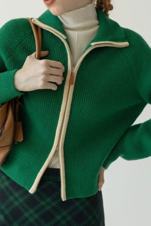 Stylish Work Outfits, Outfit Summer Ideas Ribbed Double Zip-Up Cardigan