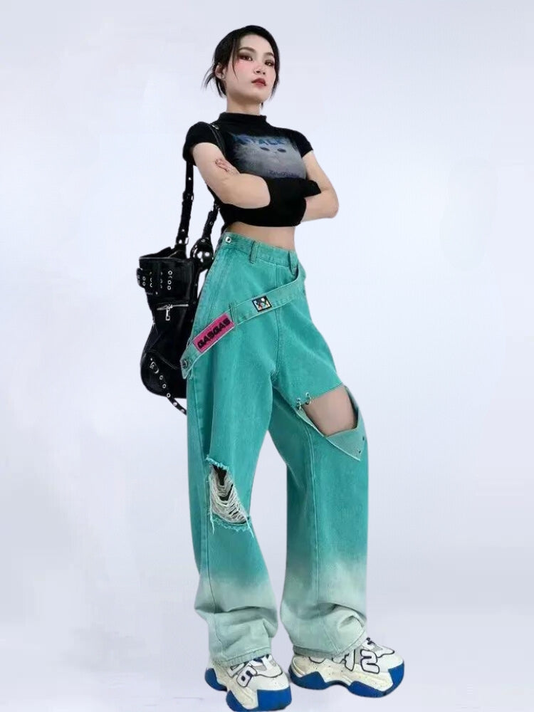 Stylish Work Outfits, Outfit Summer Ideas Ripped Denim Strap Baggy Jeans