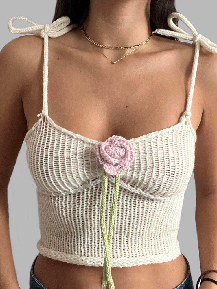 Stylish Work Outfits, Outfit Summer Ideas Rose Detailed Knitted Crop Top Stylish Work Outfits, Outfit Summer Ideas Rose Detailed Knitted Crop Top
