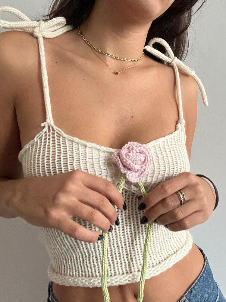 Stylish Work Outfits, Outfit Summer Ideas Rose Detailed Knitted Crop Top
