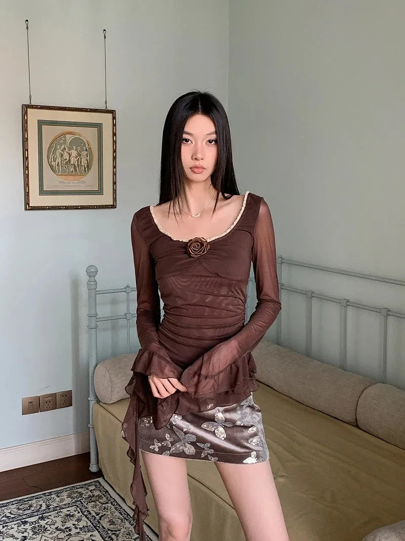 Stylish Work Outfits, Outfit Summer Ideas Rose Mesh Ruffled Top