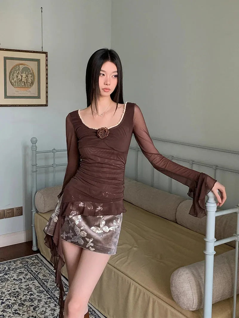 Stylish Work Outfits, Outfit Summer Ideas Rose Mesh Ruffled Top