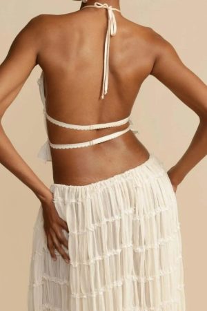 Stylish Work Outfits, Outfit Summer Ideas Ruched Backless Top & Maxi Skirt Two Piece Set