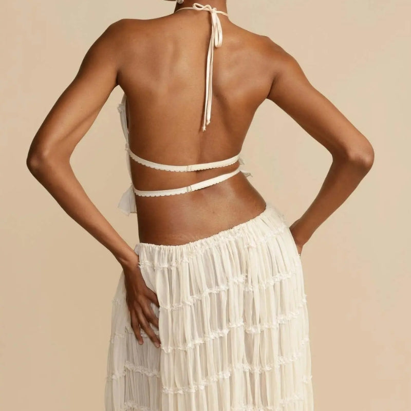 Stylish Work Outfits, Outfit Summer Ideas Ruched Backless Top & Maxi Skirt Two Piece Set Stylish Work Outfits, Outfit Summer Ideas Ruched Backless Top & Maxi Skirt Two Piece Set