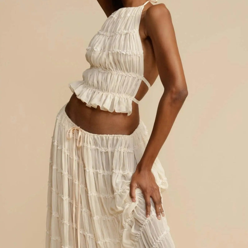 Stylish Work Outfits, Outfit Summer Ideas Ruched Backless Top & Maxi Skirt Two Piece Set Stylish Work Outfits, Outfit Summer Ideas Ruched Backless Top & Maxi Skirt Two Piece Set
