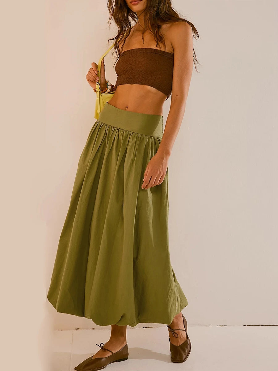 Stylish Work Outfits, Outfit Summer Ideas Ruched Bubble Hem Midi Skirt