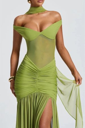 Stylish Work Outfits, Outfit Summer Ideas Ruched Mesh Maxi Dress