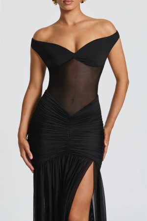 Stylish Work Outfits, Outfit Summer Ideas Ruched Mesh Maxi Dress