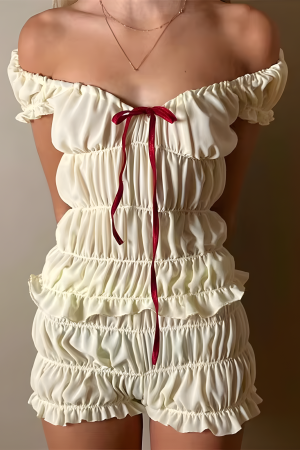 Stylish Work Outfits, Outfit Summer Ideas Ruched Off Shoulder Top & Shorts Two Piece Set