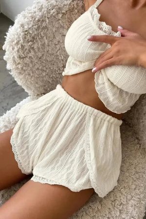 Stylish Work Outfits, Outfit Summer Ideas Ruffled Crop Top & Lace Trim Shorts Two Piece Set