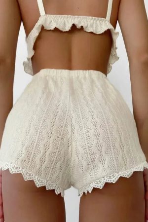 Stylish Work Outfits, Outfit Summer Ideas Ruffled Crop Top & Lace Trim Shorts Two Piece Set