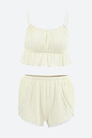 Stylish Work Outfits, Outfit Summer Ideas Ruffled Crop Top & Lace Trim Shorts Two Piece Set