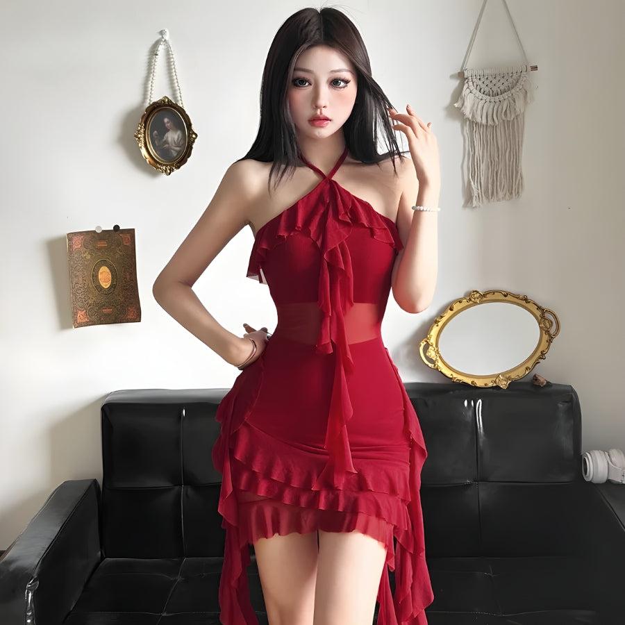 Stylish Work Outfits, Outfit Summer Ideas Ruffled Halter Neck Mini Dress