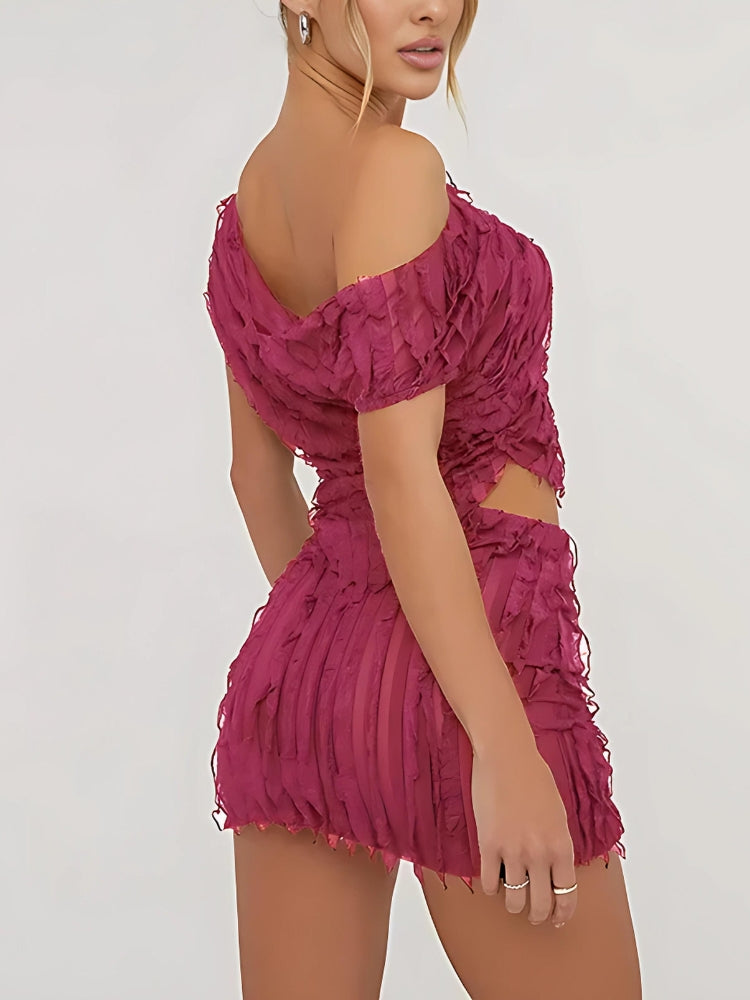 Stylish Work Outfits, Outfit Summer Ideas Ruffled One Shoulder Top & Mini Skirt Two Piece Set