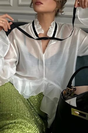 Stylish Work Outfits, Outfit Summer Ideas Ruffled Sheer Blouse
