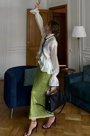 Stylish Work Outfits, Outfit Summer Ideas Ruffled Sheer Blouse