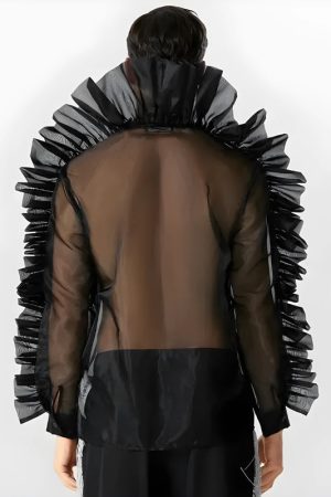 Stylish Work Outfits, Outfit Summer Ideas Ruffled Sleeve Sheer Shirt