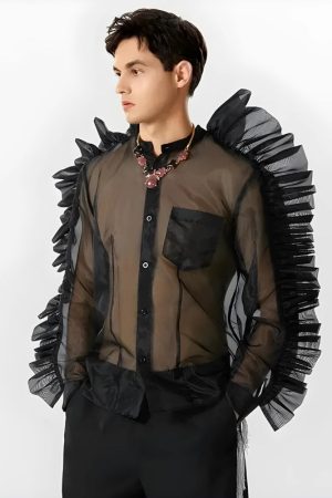 Stylish Work Outfits, Outfit Summer Ideas Ruffled Sleeve Sheer Shirt