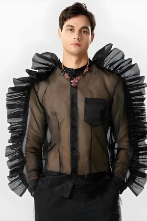 Stylish Work Outfits, Outfit Summer Ideas Ruffled Sleeve Sheer Shirt