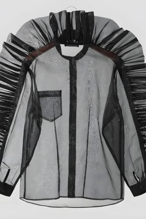 Stylish Work Outfits, Outfit Summer Ideas Ruffled Sleeve Sheer Shirt