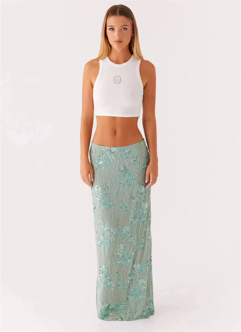 Stylish Work Outfits, Outfit Summer Ideas Sequin Embellished Maxi Skirt