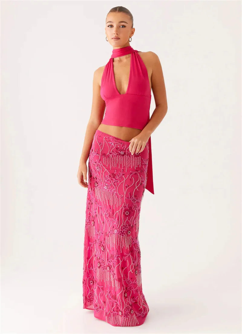 Stylish Work Outfits, Outfit Summer Ideas Sequin Embellished Maxi Skirt