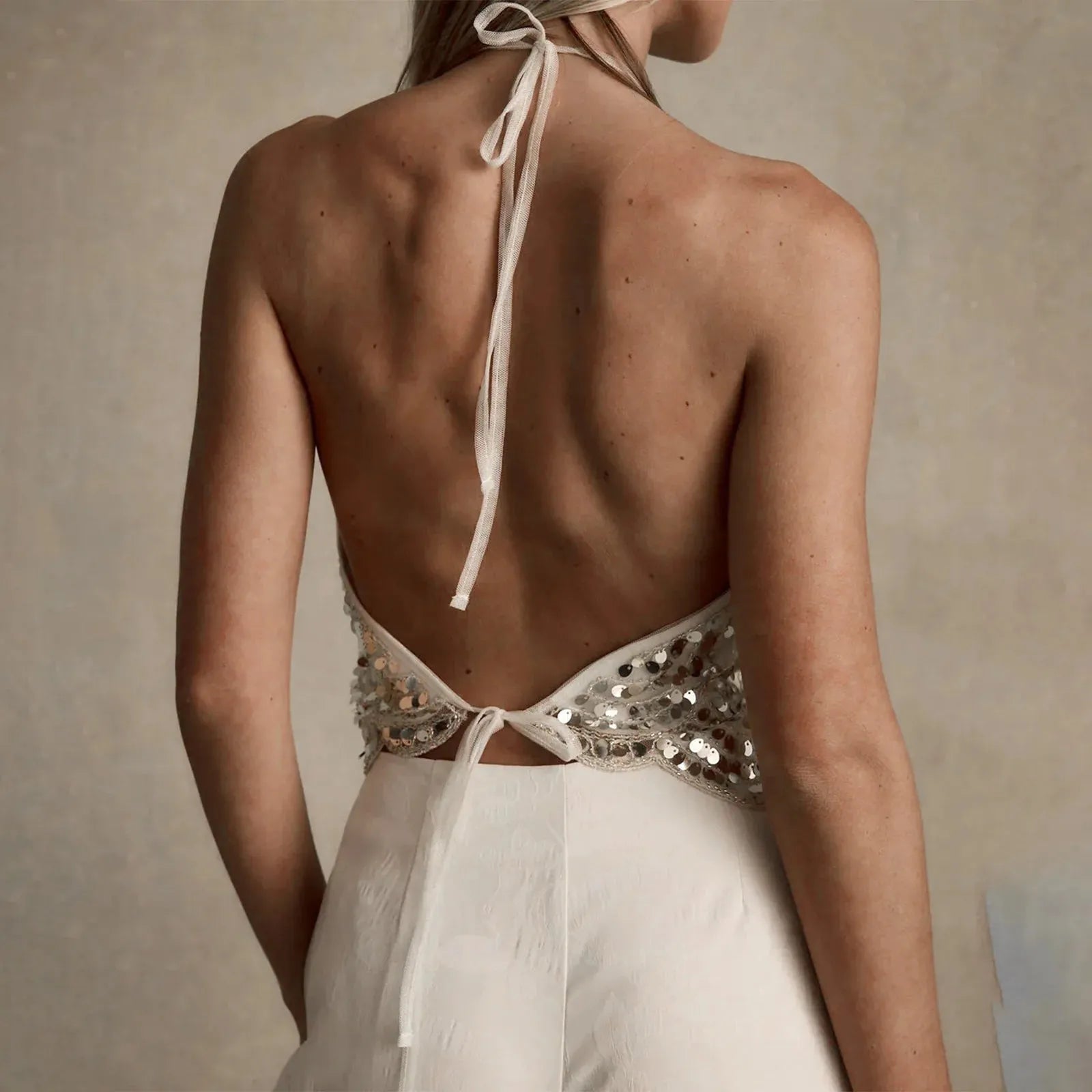Stylish Work Outfits, Outfit Summer Ideas Sequined Backless Halter Top Stylish Work Outfits, Outfit Summer Ideas Sequined Backless Halter Top