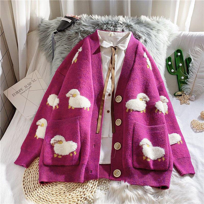 Stylish Work Outfits, Outfit Summer Ideas Sheep Embroidery Knitted Cardigan
