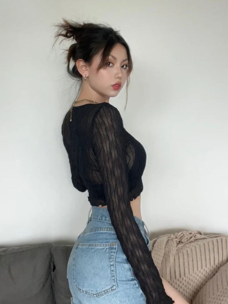 Stylish Work Outfits, Outfit Summer Ideas Sheer Crop Top Stylish Work Outfits, Outfit Summer Ideas Sheer Crop Top