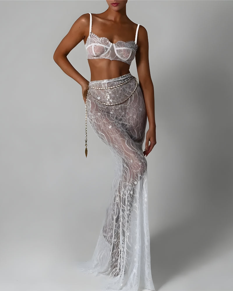 Stylish Work Outfits, Outfit Summer Ideas Sheer Lace Two Pieces Set Stylish Work Outfits, Outfit Summer Ideas Sheer Lace Two Pieces Set